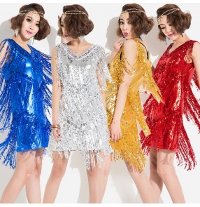 Silver gold red royal blue sequins glittler fringes v neck sleeveless fashion women's girls jazz singer hip hop performance ds dj latin dance costumes outfits